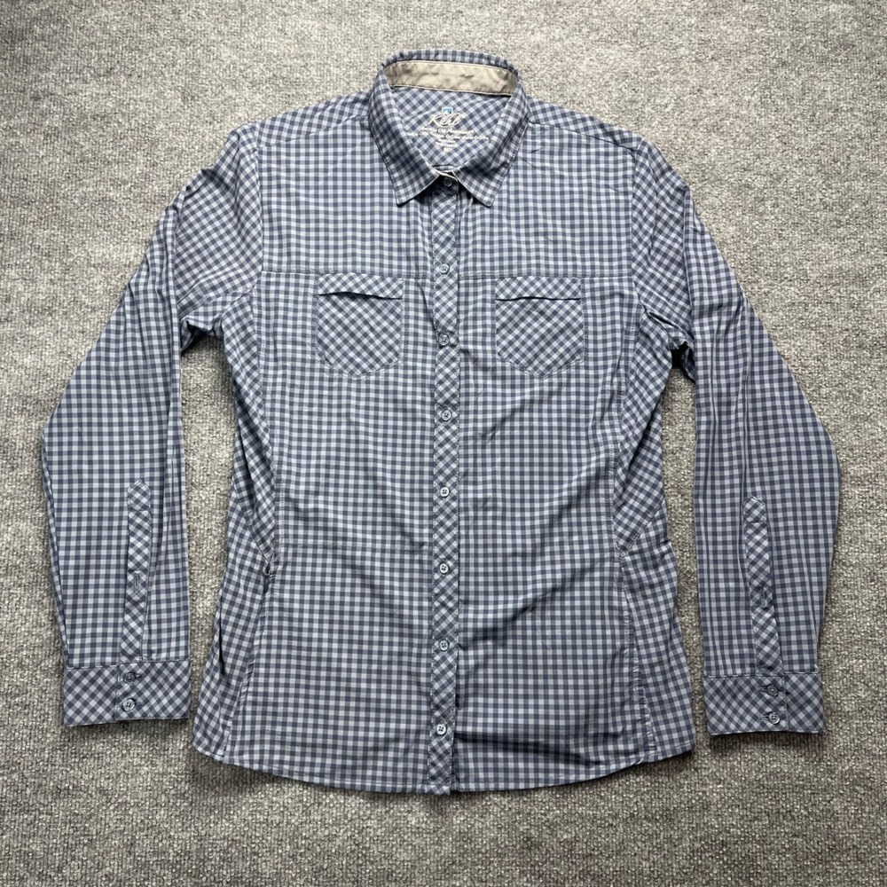 Kuhl Ezra Check Stretch Gingham Button Down Shirt Blue Grey Womens Medium 8403